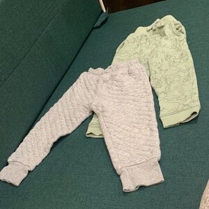 2T Quilted Gray Sweatpants and Mint Green Dinosaur Print Pants Bundle